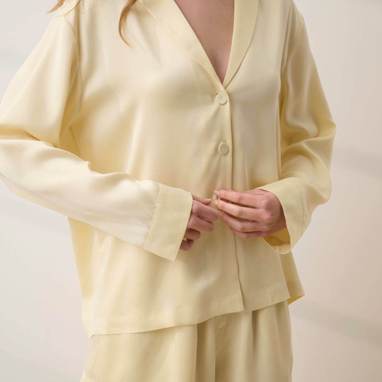 Washable Silk Button Up Long Sleeve Short Set